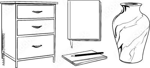 Office and home essentials line art set featuring file cabinet, vase, and stationery