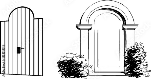Elegant line art illustration set featuring folded screen and decorative wall designs