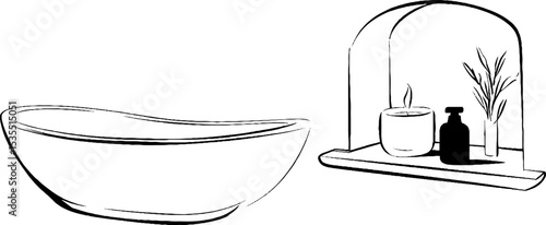 Minimalist line art of freestanding tub and shelf decor for modern interior design