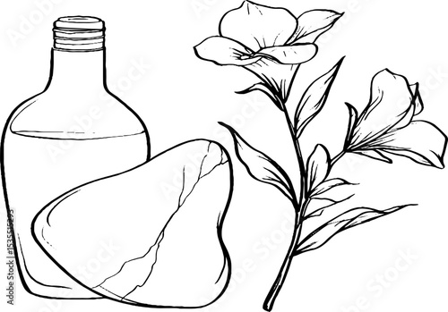 Minimalist line art set featuring gua sha stone, essential oil, and blooming flower