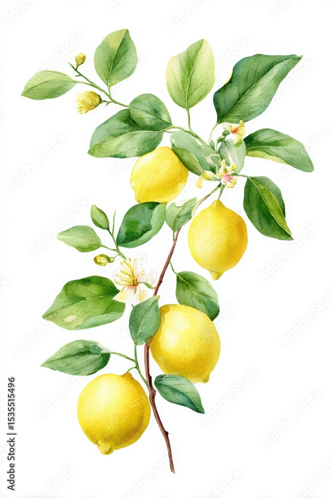 Fresh Yellow Lemons on Green Branch with Leaves and Blossoms Fresh Yellow Lemons on Green Branch with Leaves and Blossoms