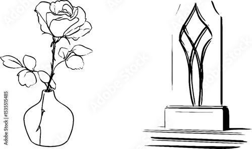 Elegant line art set featuring floral vase and architectural lattice design for creative projects