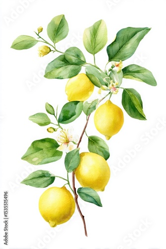 Fresh Yellow Lemons on Green Branch with Leaves and Blossoms