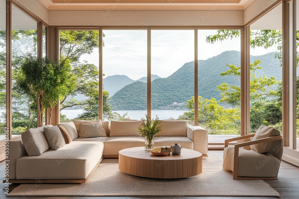 Modern minimalist living room with mountain view Modern minimalist living room with mountain view