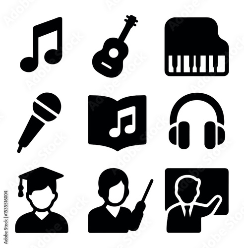 Music Education Icons. Solid, filled icons set of music education and schools: musical note, guitar, piano,