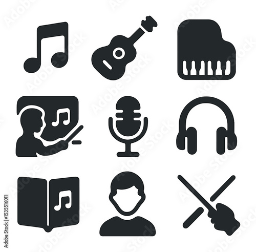 Music Education Icons. Solid, filled icons set of music education tools: musical note, guitar, piano, teacher,
