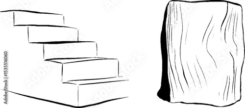 Minimalist line art illustration set featuring concrete stairs and block