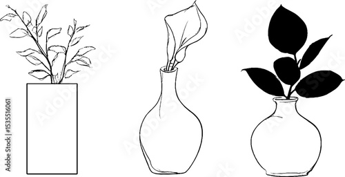 Minimalist line art illustration set featuring decorative vase with foliage for interior design and print