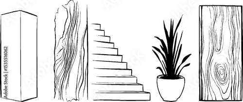 Minimalist line art collection featuring concrete blocks, staircase, wood texture, and potted plant design