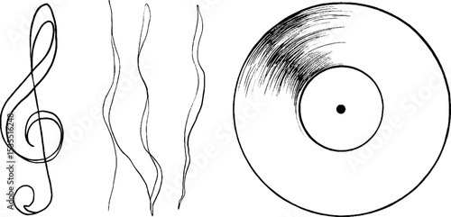 Musical elements line art set featuring treble clef and vinyl record for creative design