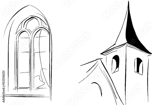 Line art illustration set featuring nave window and church tower for architectural design