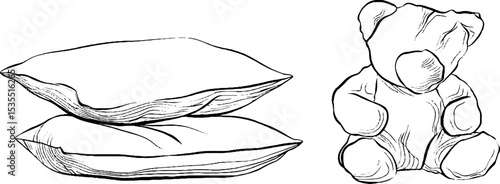 Cozy sleep essentials: pillow and teddy bear line art for relaxation design