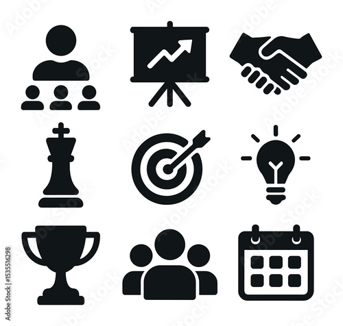 Leadership Icons Grid. Solid, filled icons set of enhancing leadership potential: leader icon, presentation