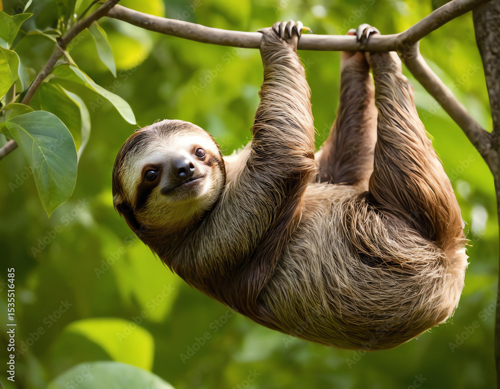 Fototapeta premium Close up of a baby sloth hanging by tree branch