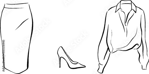 Fashion line art illustration set featuring pencil skirt, high heel, and blouse design