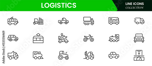 Efficient vector web line icons depicting logistics, shipping, transportation, supply chain, and delivery operations for streamlined global commerce.