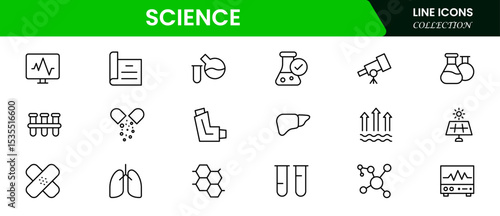 Precise vector web line icons depicting science, research, experiments, lab equipment, and innovative discoveries for advancing knowledge.
