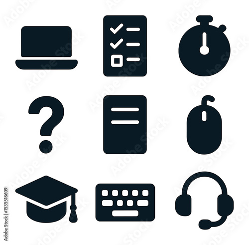 Distance Learning Icons. Solid, filled icons set of distance learning exams: laptop, checklist, timer,