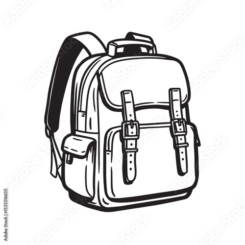Black and white illustration of a classic backpack with buckles for school or travel.