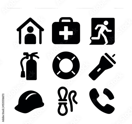 Emergency Safety Icons. Solid, filled icons set of safe refuge during emergencies: shelter, first aid kit,