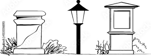 Urban infrastructure line art: raised curb, bollard, and lantern design set