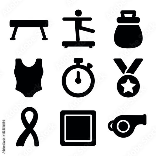 Gymnastics Icon Set. Solid, filled icons set of balance beam: balance beam, gymnast, chalk bag, leotard,