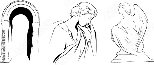 Elegant line art of architectural arch and classical sculptures for artistic design