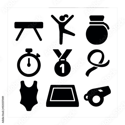 Gymnastics Gear Icons. Solid, filled icons set of gymnastics competition gear: balance beam, gymnast, chalk