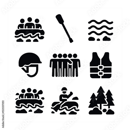 Rafting Adventure Icons. Solid, filled icons set of a group of friends rafting on a river through rugged