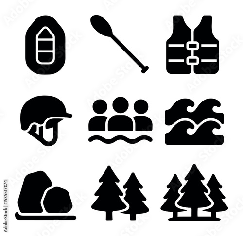 Rafting Adventure Icons. Solid, filled icons set of team rafting adventure: raft, paddle, river, life jacket,