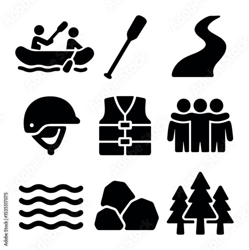 Outdoor Water Sports Icons. Solid, filled icons set of outdoor water sports teamwork: raft, paddle, river,