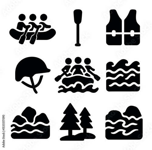 Rafting Adventure Icons. Solid, filled icons set of friends navigating rapids: raft, paddle, life jacket,