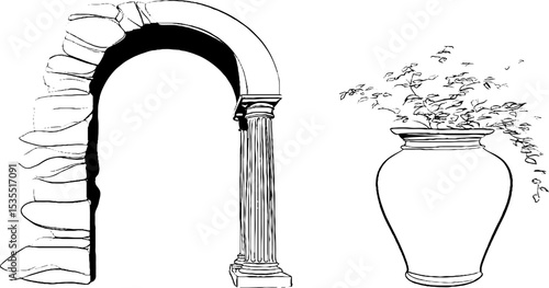 Roman architectural line art illustration featuring arch and decorative vase design