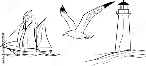 Nautical line art set featuring sailing ship, seagull, and lighthouse for marine design