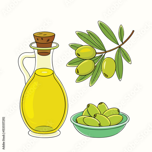 Vibrant vector illustration depicting olive oil bottle olive branch and fresh olives in bowl