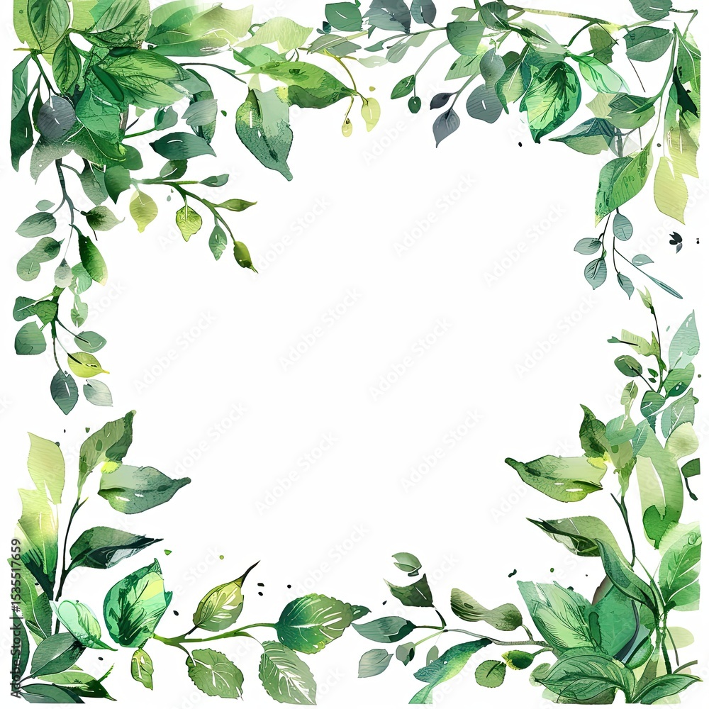 Fototapeta premium Clipart of green leaves and plant motifs, frames on a white background.