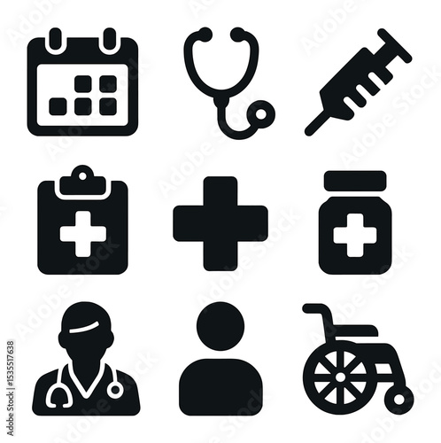 Healthcare Icons Grid. Solid, filled icons set of healthcare appointments and treatment: calendar, stethoscope