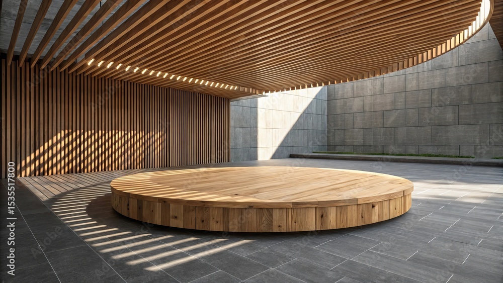 Obraz premium Circular Wooden Platform Modern Architecture Gray Concrete Walls Wooden Ceiling