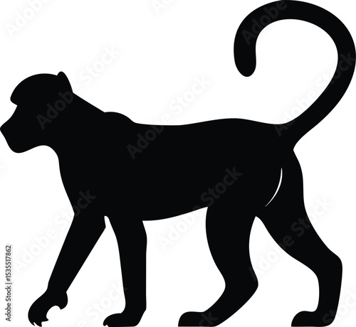 Black silhouette of a monkey walking in a simplified minimal style with curved tail