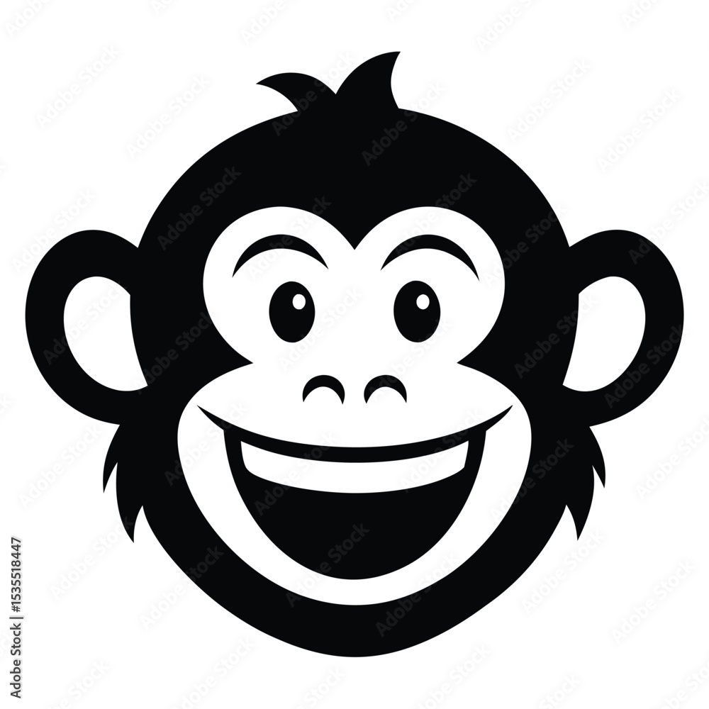 Fototapeta premium Cheerful black and white monkey head illustration with smiling face and happy expression