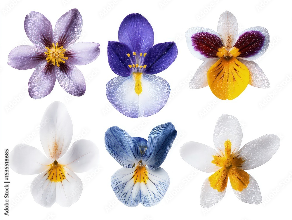 Fototapeta premium Purple flowers with veined petals, varieties showcasing botanical beauty and subtle hue differences isolated on white background