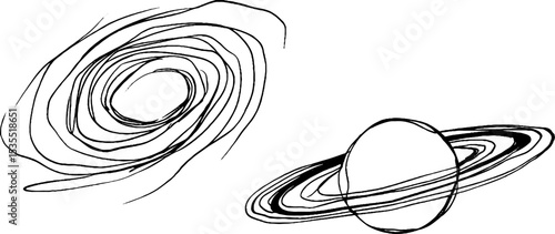 Abstract line art illustration set featuring spiral galaxy and saturn rings for design projects