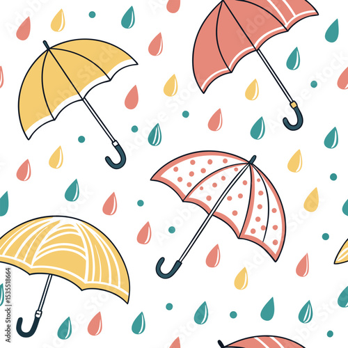 A fun and colorful seamless vector pattern featuring stylized umbrellas and falling raindrops. Great for monsoon-themed wrapping paper, fabric designs, or website backgrounds.