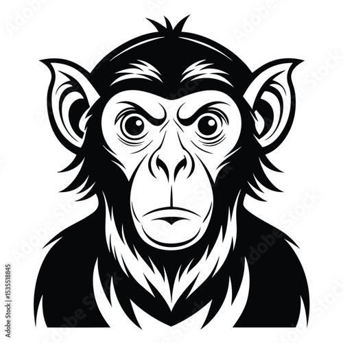 Detailed black and white illustration of a monkey face with intricate facial features and expression