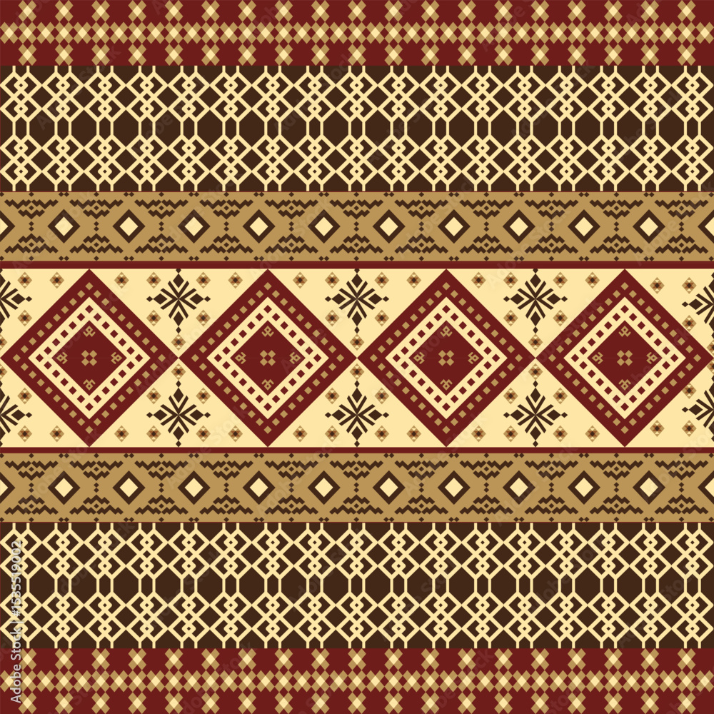 Authentic ethnic geometric pattern with traditional diamond motifs in warm earth tones. Classic tribal design perfect for textiles, crafts and cultural decor projects. Authentic ethnic geometric pattern with traditional diamond motifs in warm earth tones. Classic tribal design perfect for textiles, crafts and cultural decor projects.