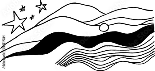 Abstract line art of star cluster over mountainous landscape