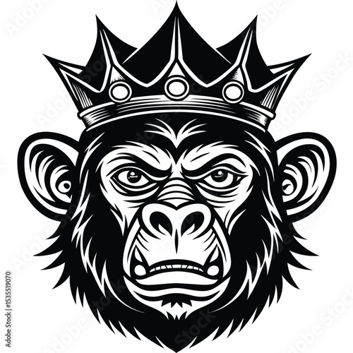 Illustrative black and white image of a regal monkey wearing a crown in intricate detail