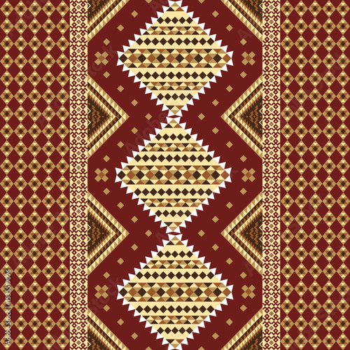 This rich, intricate textile, reminiscent of Southeast Asian songket, features gold geometric diamonds on a deep maroon background. Its symmetrical, luxurious design reflects cultural heritage.