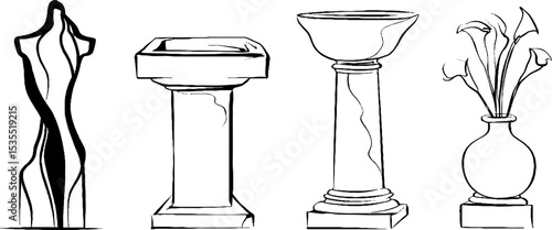 Minimalist line art illustration set featuring stone sculpture and vase on pedestal