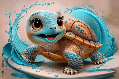 Playful Baby Turtle with Expressive Orange Eyes Swimming in Blue Water – Cute AI Illustration